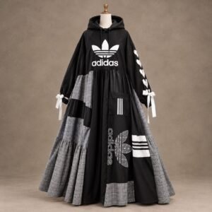 SELLBAY black Adidas hoodie maxi dress with gray plaid panels and white graphic details on mannequin