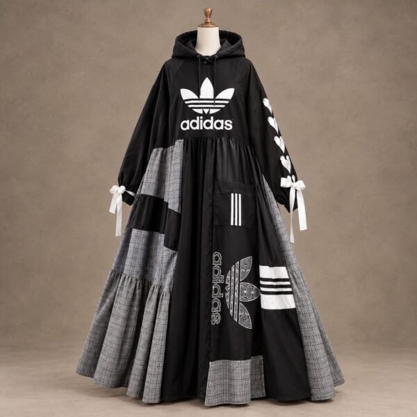 SELLBAY black Adidas hoodie maxi dress with gray plaid panels and white graphic details on mannequin