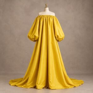 SELLBAY golden yellow off-shoulder maxi gown with voluminous puff sleeves