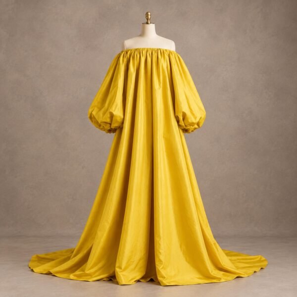 SELLBAY golden yellow off-shoulder maxi gown with voluminous puff sleeves