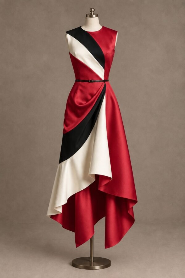 SELLBAY crimson red, black and ivory tricolor asymmetric gown displayed on a mannequin with layered draped skirt and waist belt