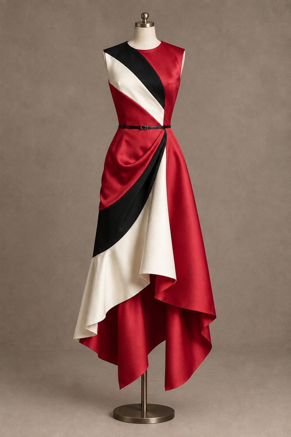 SELLBAY crimson red, black and ivory tricolor asymmetric gown displayed on a mannequin with layered draped skirt and waist belt