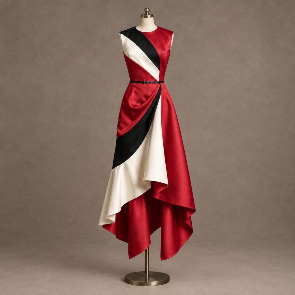 SELLBAY crimson red, black and ivory tricolor asymmetric gown displayed on a mannequin with layered draped skirt and waist belt