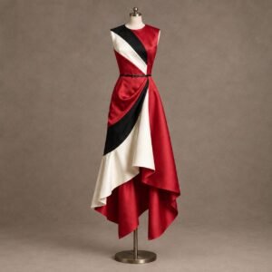 SELLBAY crimson red, black and ivory tricolor asymmetric gown displayed on a mannequin with layered draped skirt and waist belt