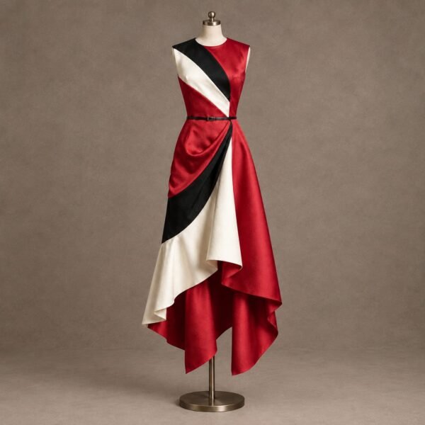 SELLBAY crimson red, black and ivory tricolor asymmetric gown displayed on a mannequin with layered draped skirt and waist belt