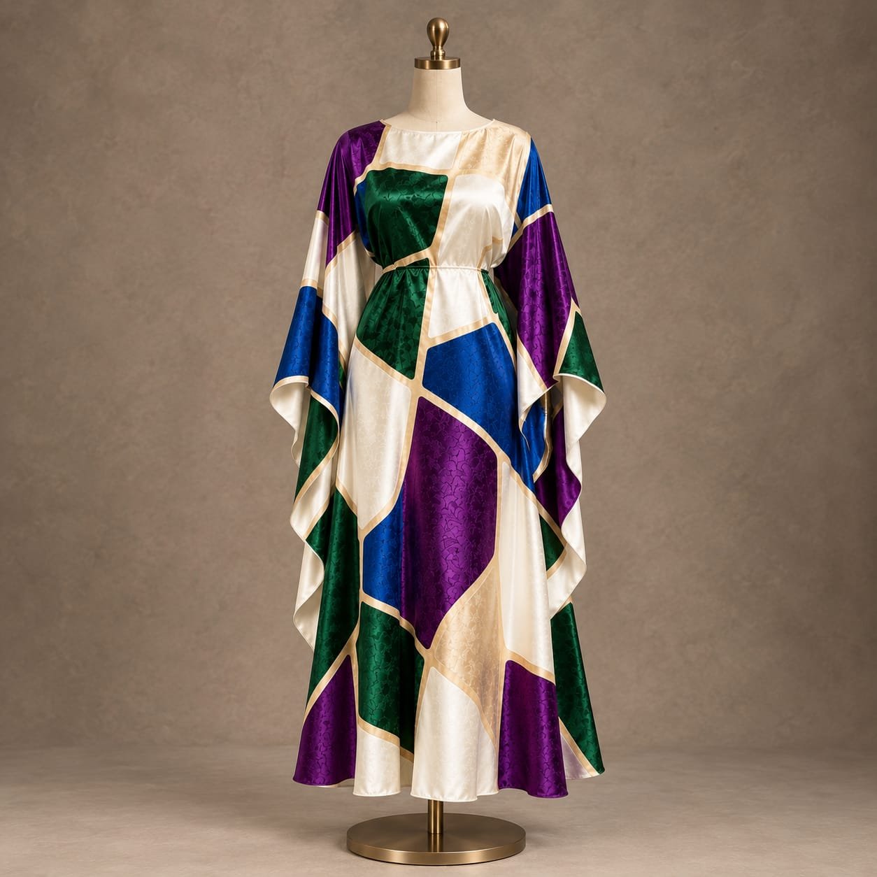 SELLBAY premium multicolor silk kaftan with printed silk and velvet patches, golden outlines, flowing sleeves, and elegant full-length design.