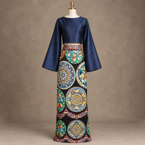 SELLBAY luxury midnight-blue satin top with flared sleeves and ornate printed floor-length skirt displayed on a mannequin.