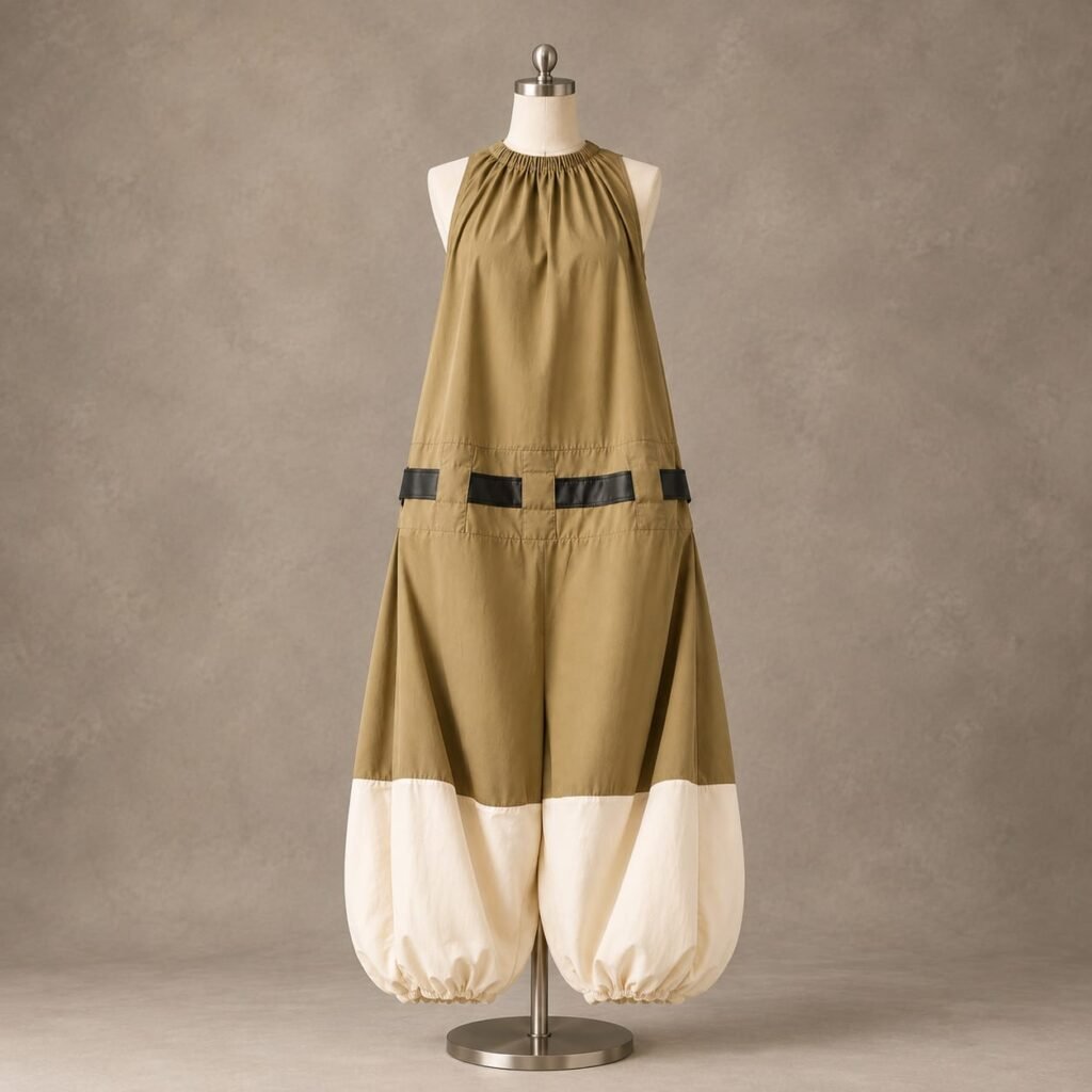SELLBAY olive and cream balloon jumpsuit on a mannequin, featuring a back zipper, black utility panels, wide balloon legs, and elasticized cream cuffs.