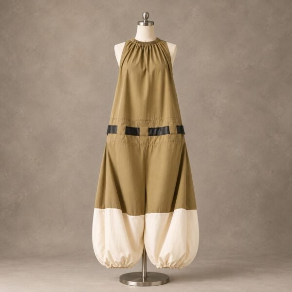 SELLBAY olive and cream balloon jumpsuit on a mannequin, featuring a back zipper, black utility panels, wide balloon legs, and elasticized cream cuffs.