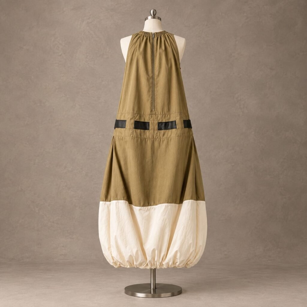 SELLBAY olive khaki balloon dress with back zipper, black waist detailing, and cream gathered bubble hem on mannequin.