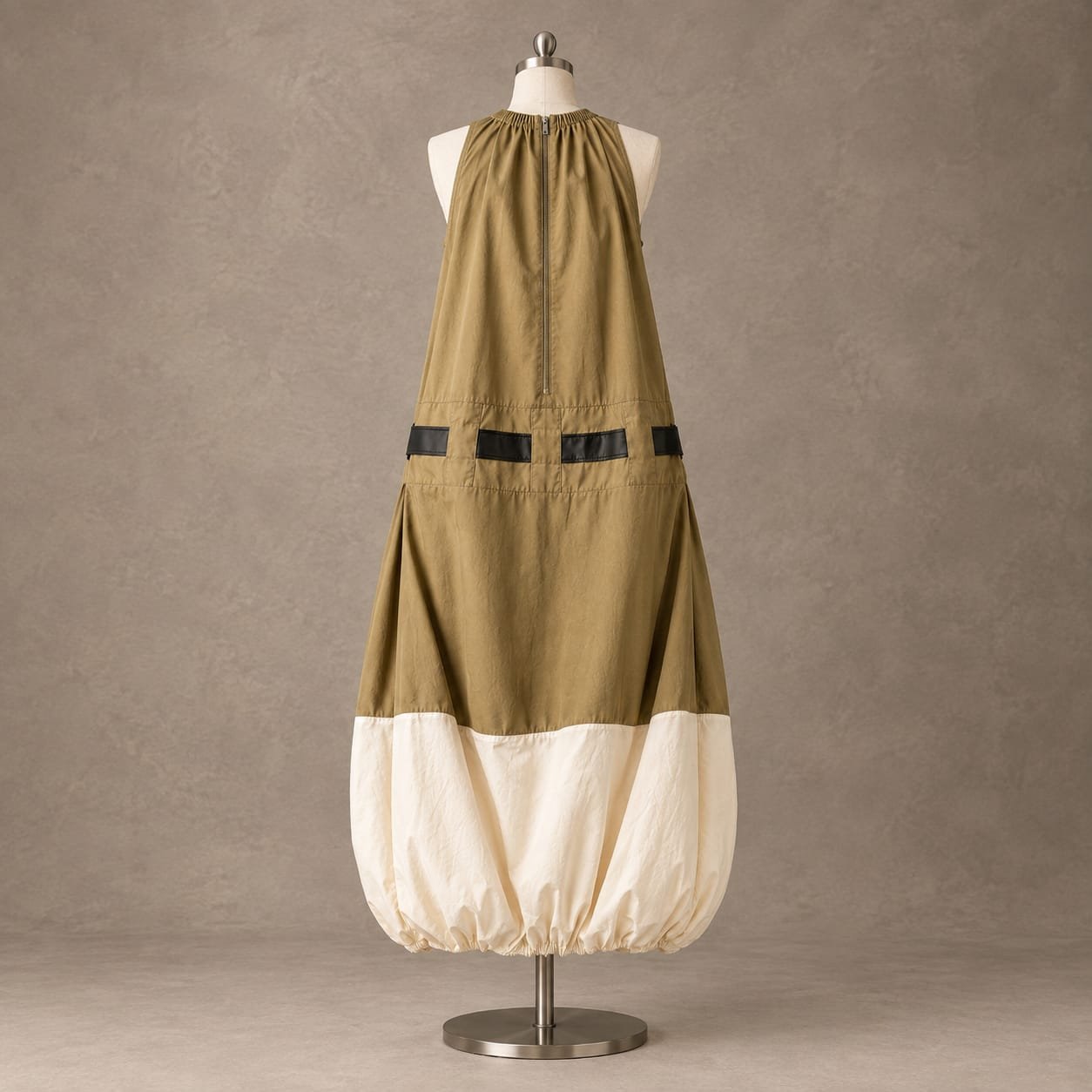 SELLBAY olive khaki balloon dress with back zipper, black waist detailing, and cream gathered bubble hem on mannequin.
