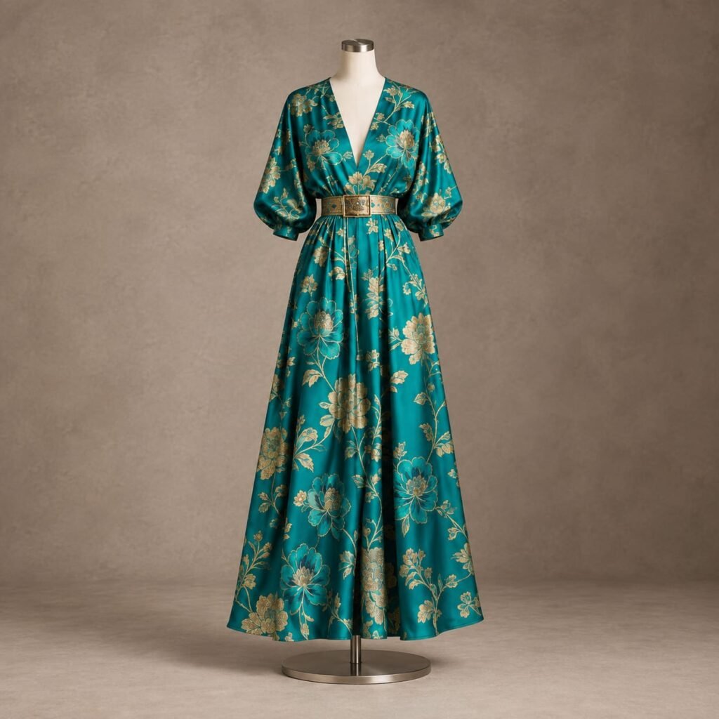 Teal and gold floral full-length maxi dress with puff sleeves and ornate gold waist belt on mannequin.