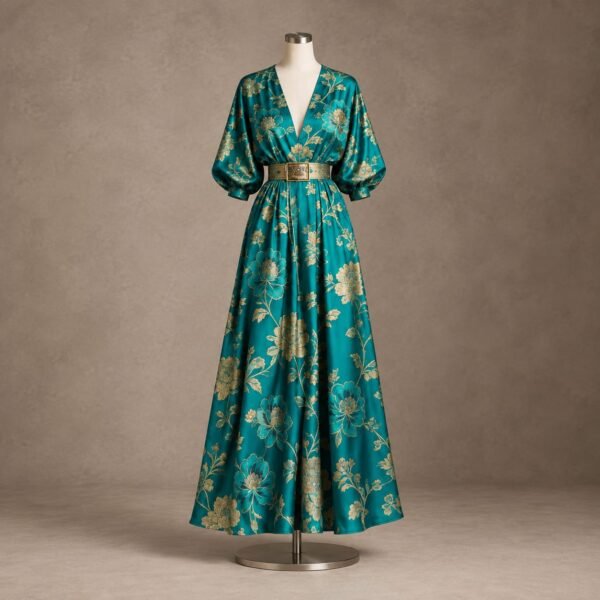 Teal and gold floral full-length maxi dress with puff sleeves and ornate gold waist belt on mannequin.