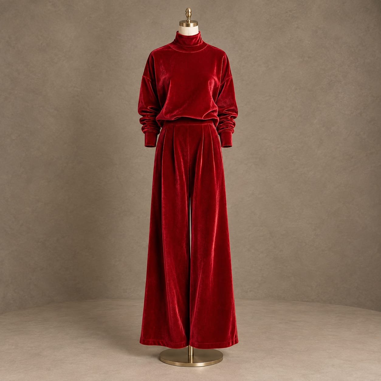 SELLBAY crimson red velvet high-neck top with matching wide-leg trousers on mannequin