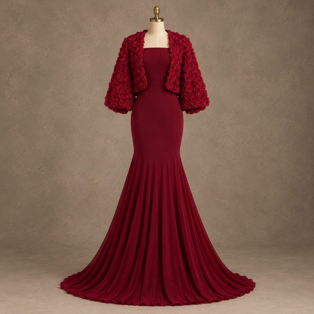 SELLBAY Burgundy Rose Couture Gown with floral 3D rose bolero and dramatic mermaid flare, back view