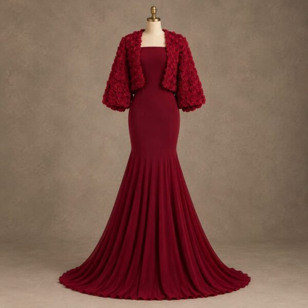 SELLBAY Burgundy Rose Couture Gown with floral 3D rose bolero and dramatic mermaid flare, back view