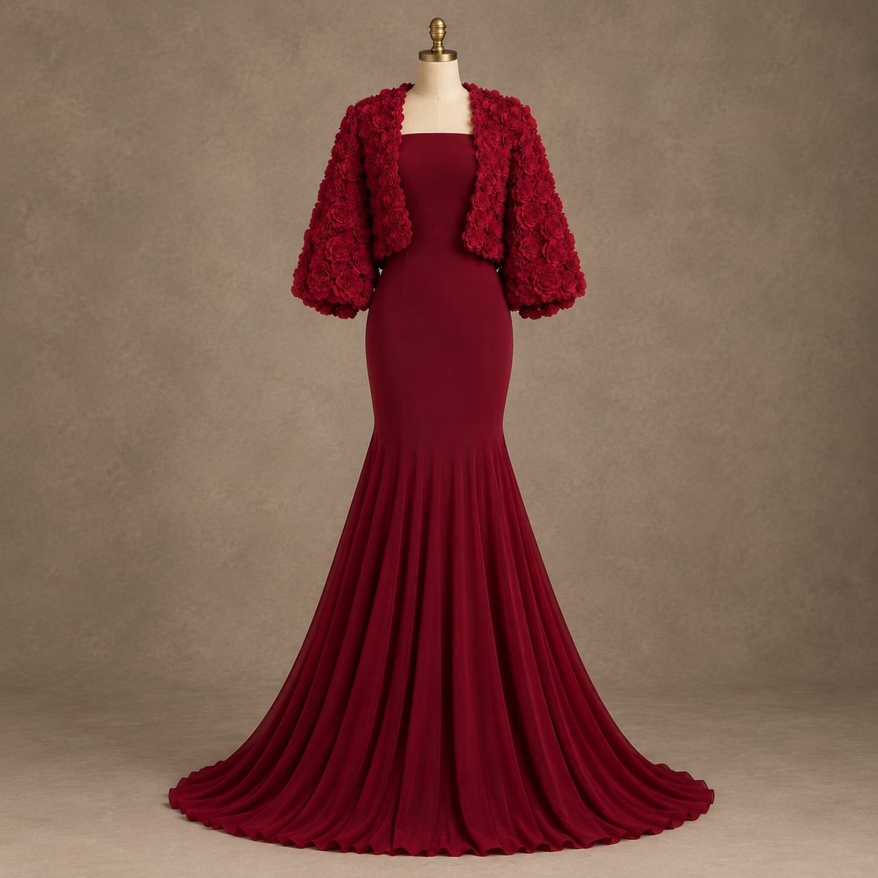 SELLBAY Burgundy Rose Couture Gown with floral 3D rose bolero and dramatic mermaid flare, back view