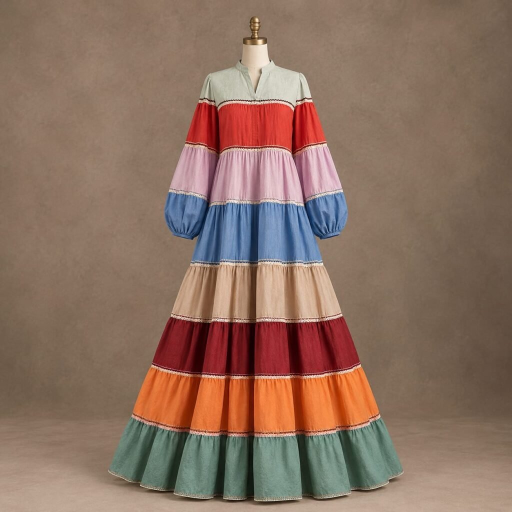 SELLBAY multicolor tiered maxi gown with balloon sleeves and flowing floor-length flare on mannequin