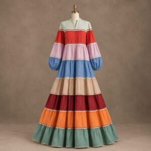 SELLBAY multicolor tiered maxi gown with balloon sleeves and flowing floor-length flare on mannequin