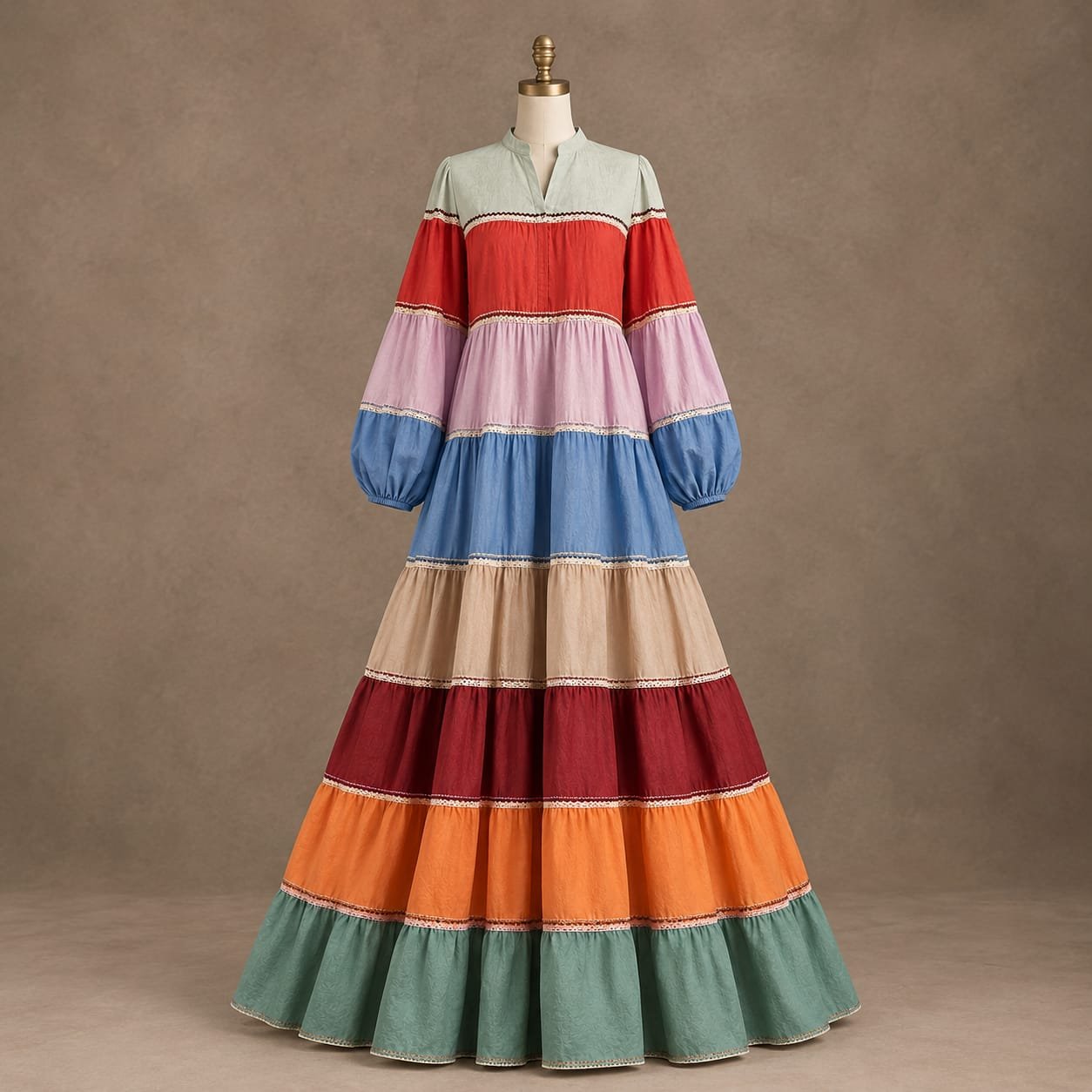 SELLBAY multicolor tiered maxi gown with balloon sleeves and flowing floor-length flare on mannequin