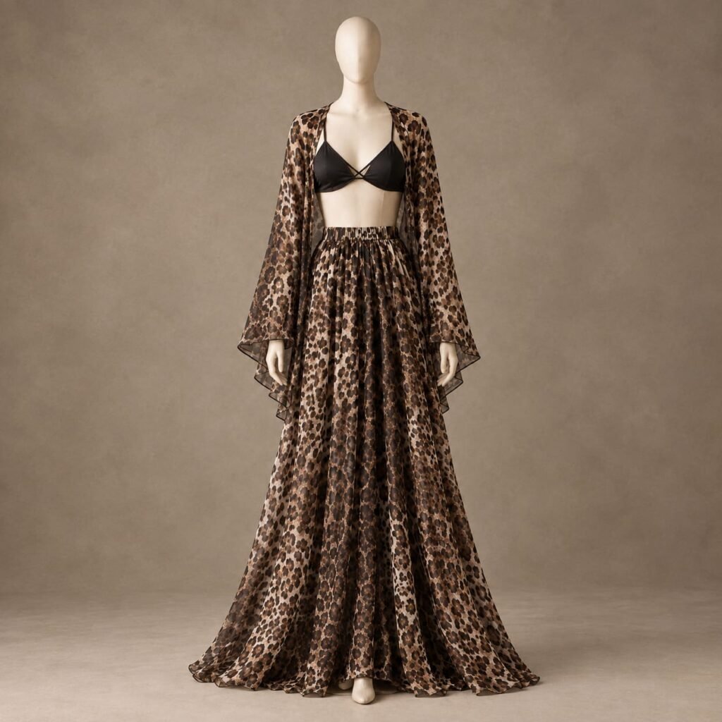 SELLBAY leopard print luxury maxi set with sheer bell-sleeve outer layer and black triangle top on mannequin