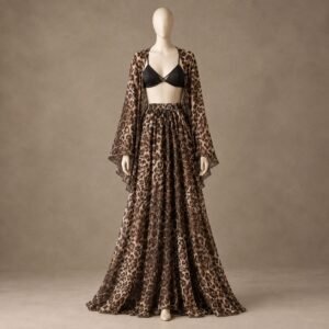 SELLBAY leopard print luxury maxi set with sheer bell-sleeve outer layer and black triangle top on mannequin