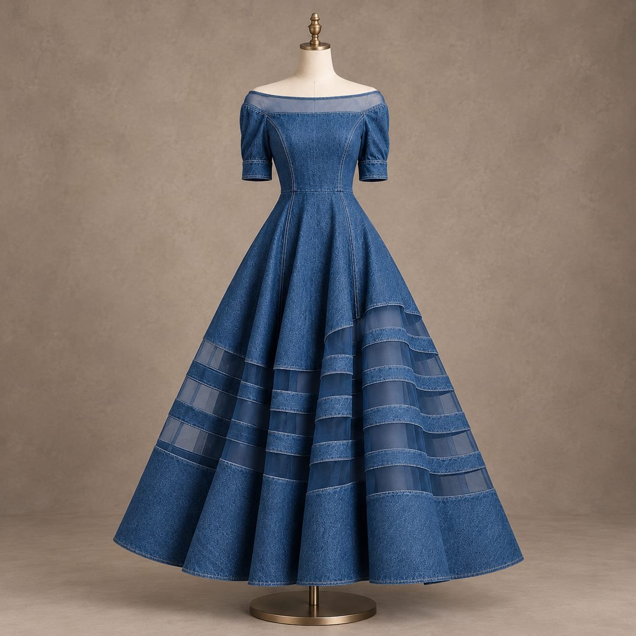 SELLBAY blue denim off-shoulder couture dress with structured bodice and layered flared skirt on mannequin.