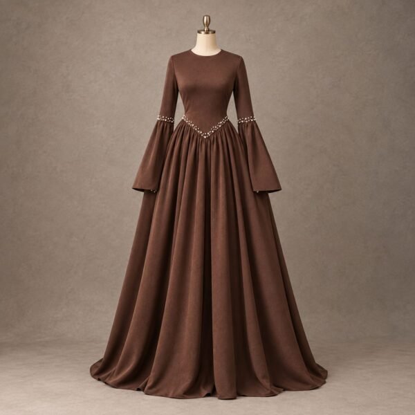 SELLBAY chocolate-brown floor-length gown featuring a pearl-beaded V-shaped waistline, embellished bell sleeves, and a flowing full skirt.