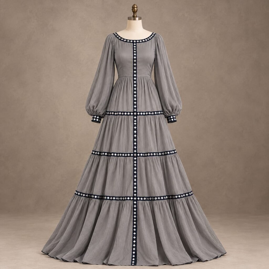 SELLBAY slate grey winter maxi dress with puff sleeves, navy and ivory decorative trim, gathered waist, and flowing tiered floor-length skirt.