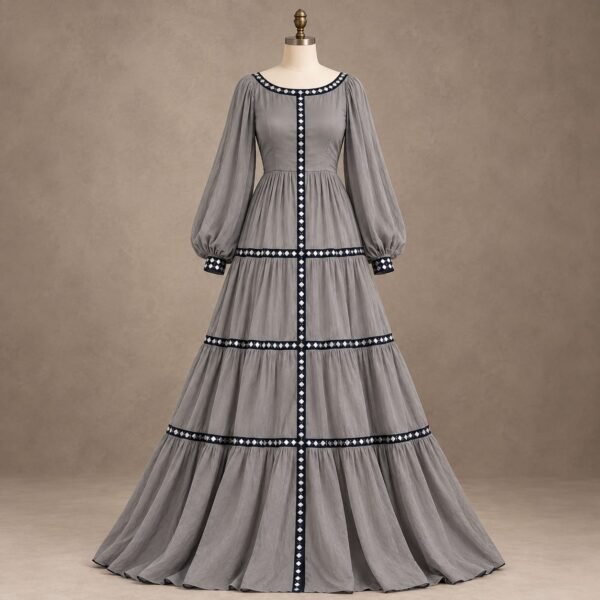 SELLBAY slate grey winter maxi dress with puff sleeves, navy and ivory decorative trim, gathered waist, and flowing tiered floor-length skirt.