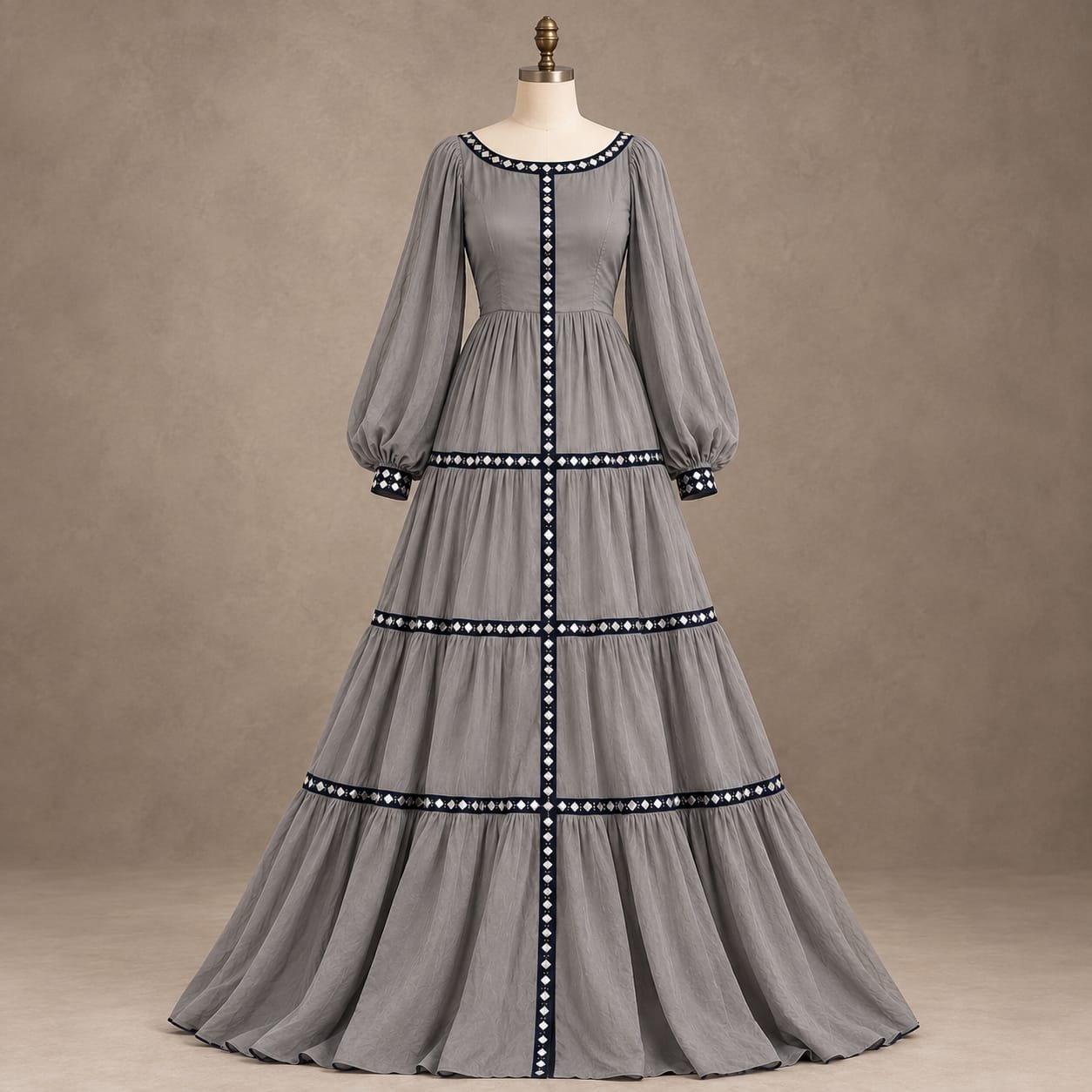 SELLBAY slate grey winter maxi dress with puff sleeves, navy and ivory decorative trim, gathered waist, and flowing tiered floor-length skirt.