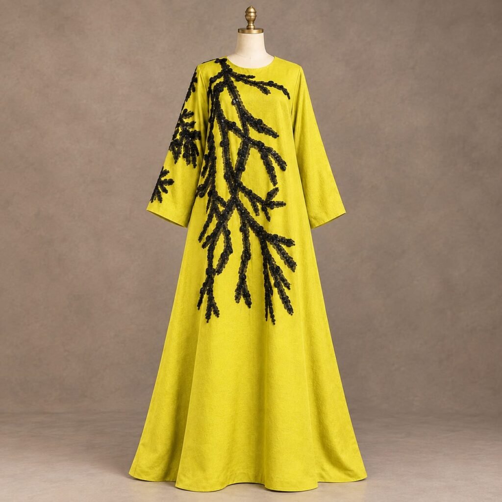 SELLBAY yellow gown with black botanical sequin and beadwork